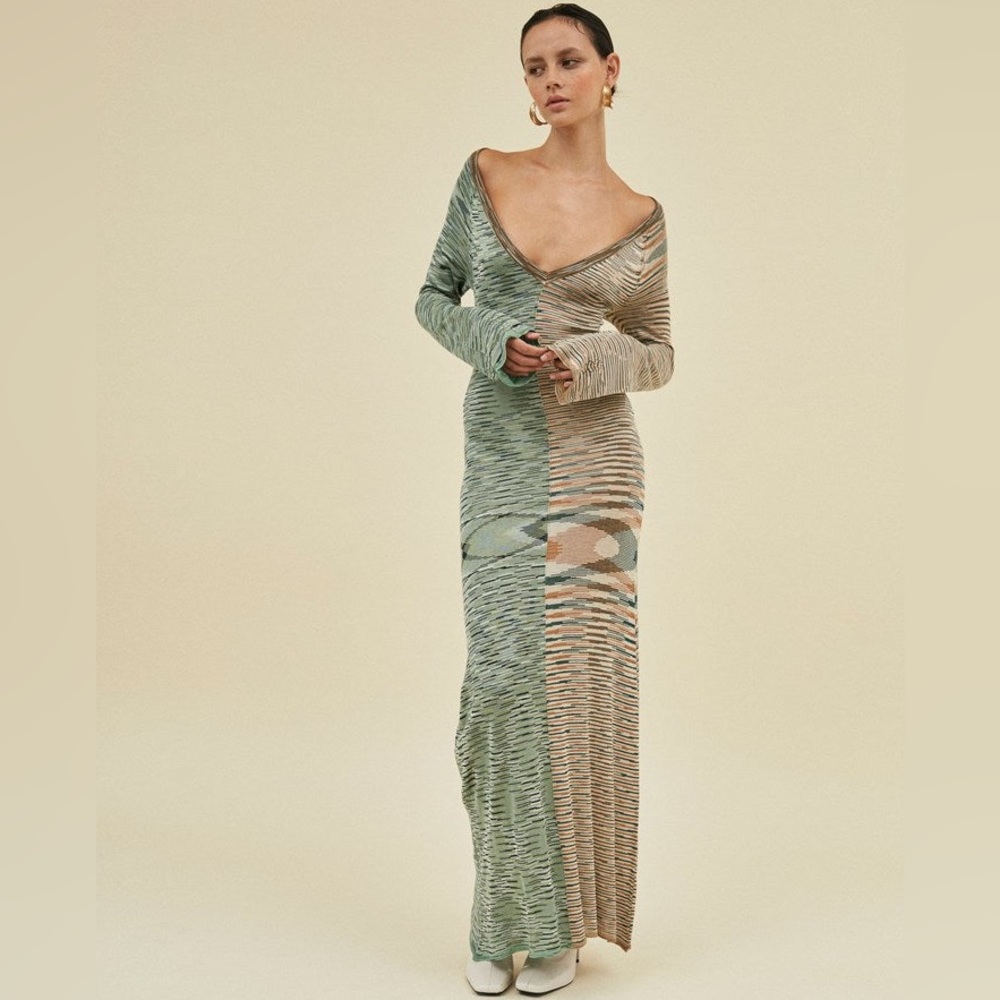 Kinga Csilla. Aussie’s favorite design. Rayon L/S Maxi knit. Greens, Browns.